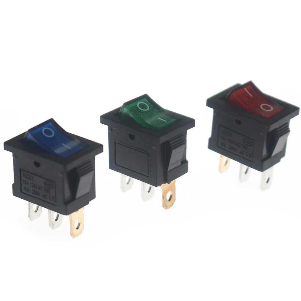 100Pcs 3color KCD1 21*15mm 3Pin SPST 250V 6A Rocker Switch led SPST ON/OFF Snap-in Switch with Light 21x15mm