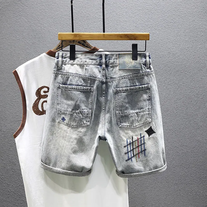 Street Fashion Men Jeans Summer Designer Retro Blue Straight Fit Vintage Short Ripped Jeans Embroidery Hip Hop Denim Shorts Men