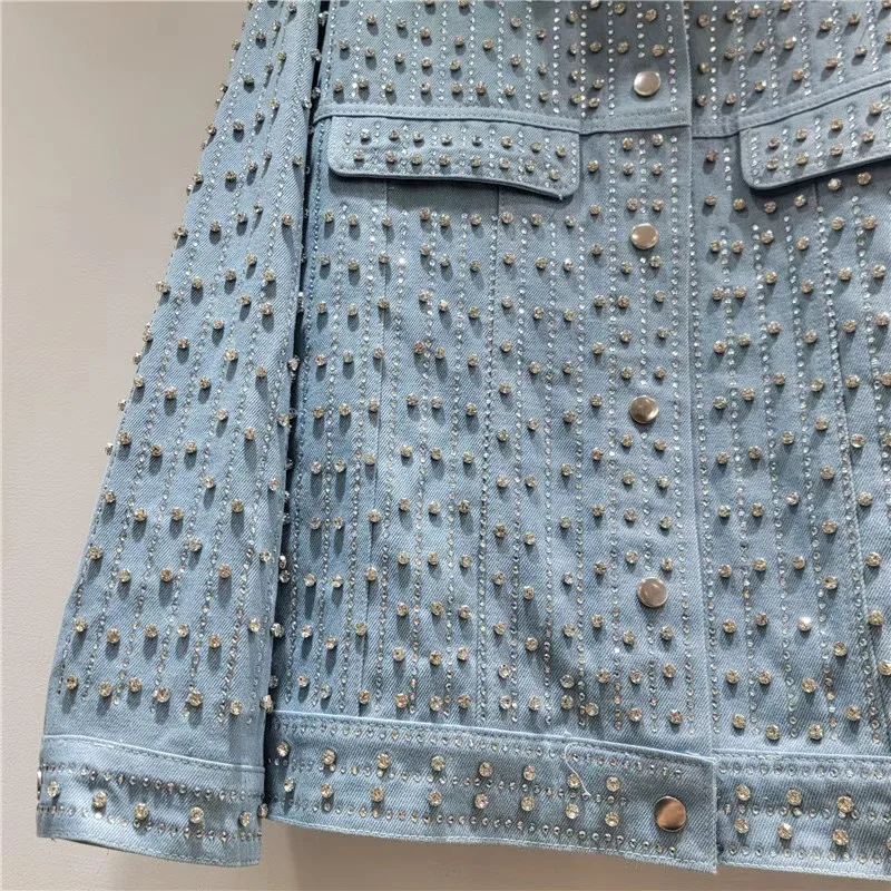 Chaqueta vaquera azul con cuentas de diamante para trabajo pesado, chaqueta vaquera holgada informal para primavera y otoño, chaqueta vaquera de manga larga con cuello vuelto para mujer