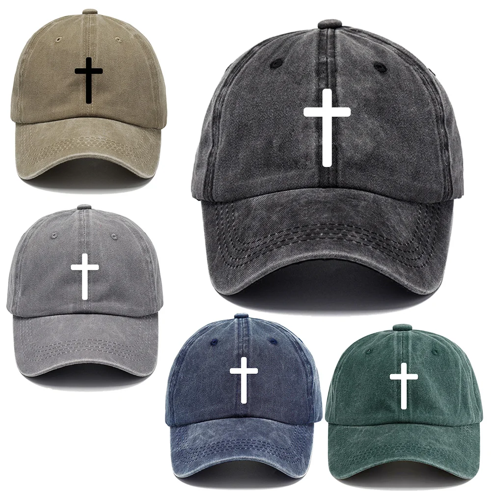 Unisex cross printing process cap, simple washed cotton casual cap, personality classic baseball cap