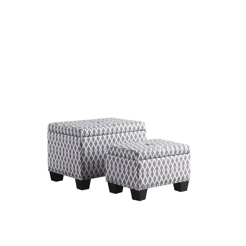 

17" Storage Ottoman with Extra Seating, Gray & White Diamond Pattern