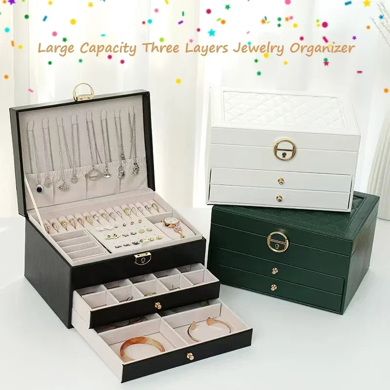 Three-layer Jewelry Storage Box PU Leather with Key​ Jewelry Display Case​ Earring & Necklace Storage​ Jewelry Organizer
