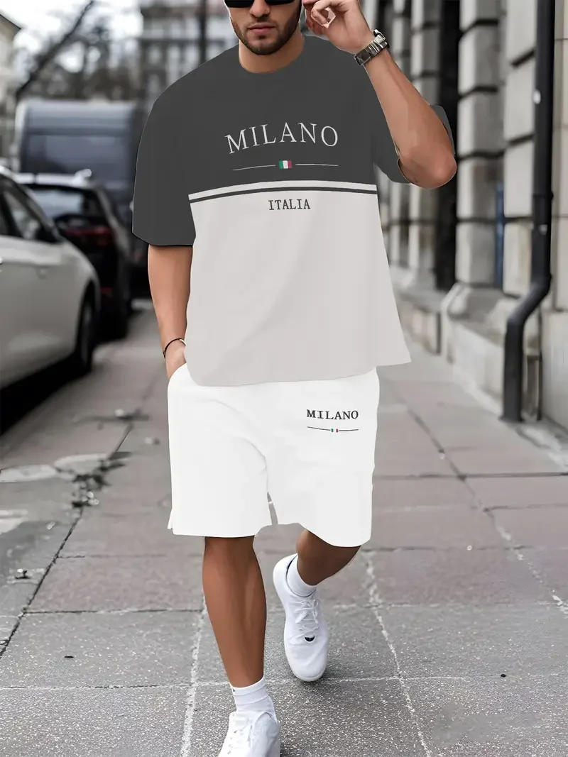 

2025-26 Летний хит продаж, модный тренд, роскошный костюм с 3D принтом, американская уличная дышащая быстросохнущая футболка, комплект с шортами