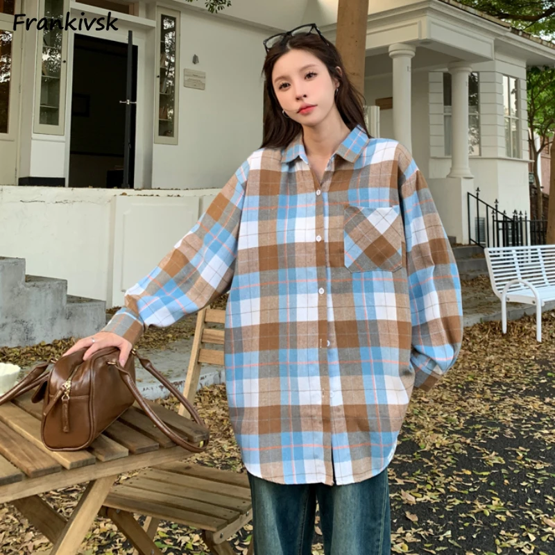 Vintage Simple Plaid Shirts Women Baggy All-match Panelled Chic Korean Style Single Breasted High Street Summer Fashion College