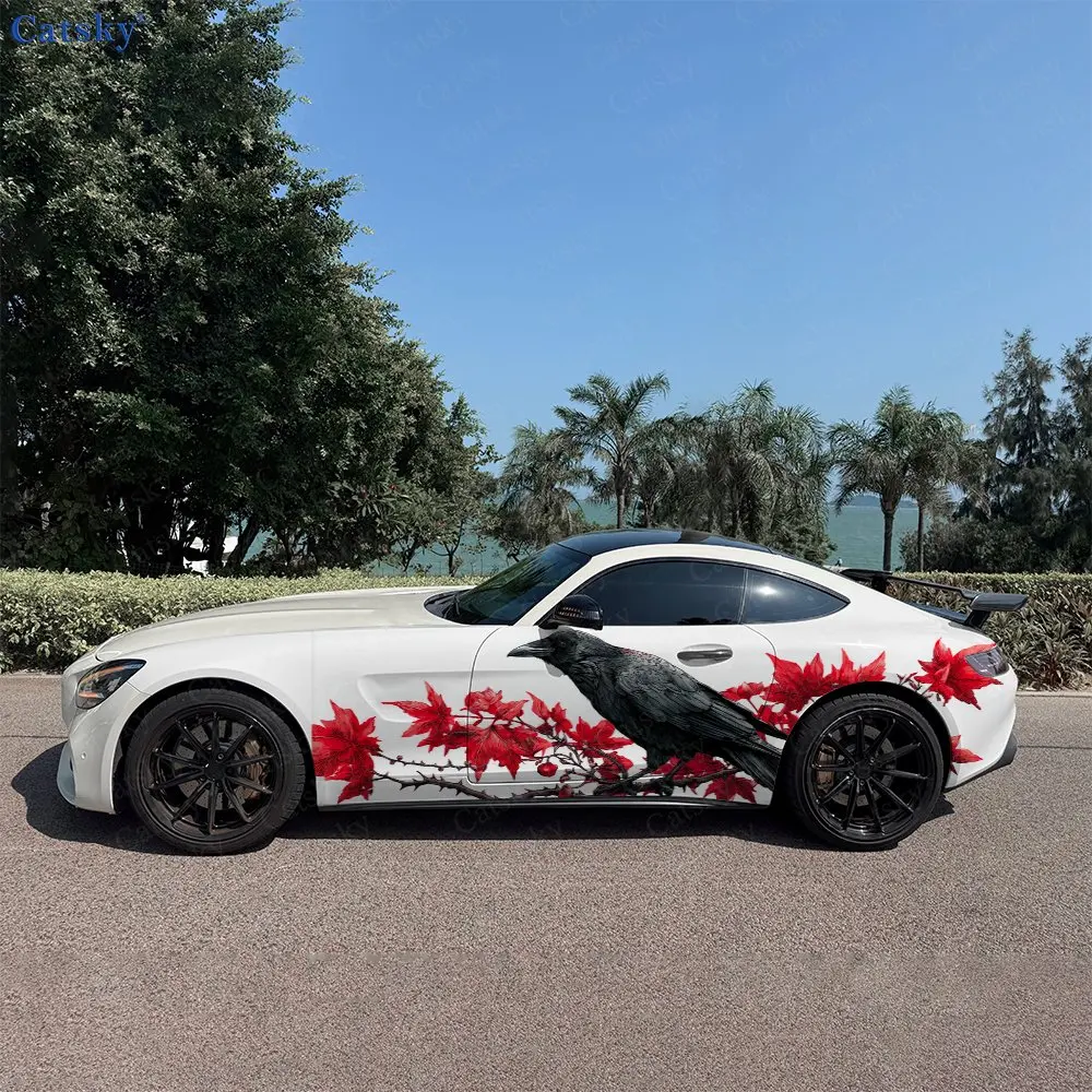 2pcs Crow Shadow Crimson Maple Car Side Wraps, Self-Adhesive PVC Waterproof & Scratch-Resistant Stickers, Car Accessory Gift