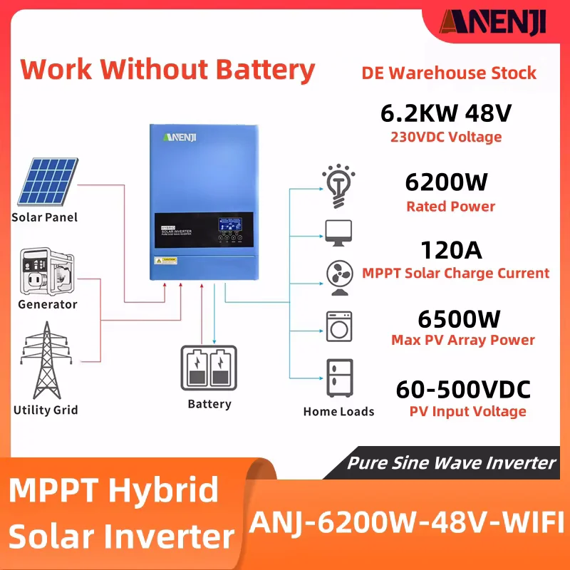 6200W Hybrid Solar Inverter 48V 220V Pure Sine Wave Off Grid Inverter 120A Mppt Charge Controller PV Input 500V With RS485