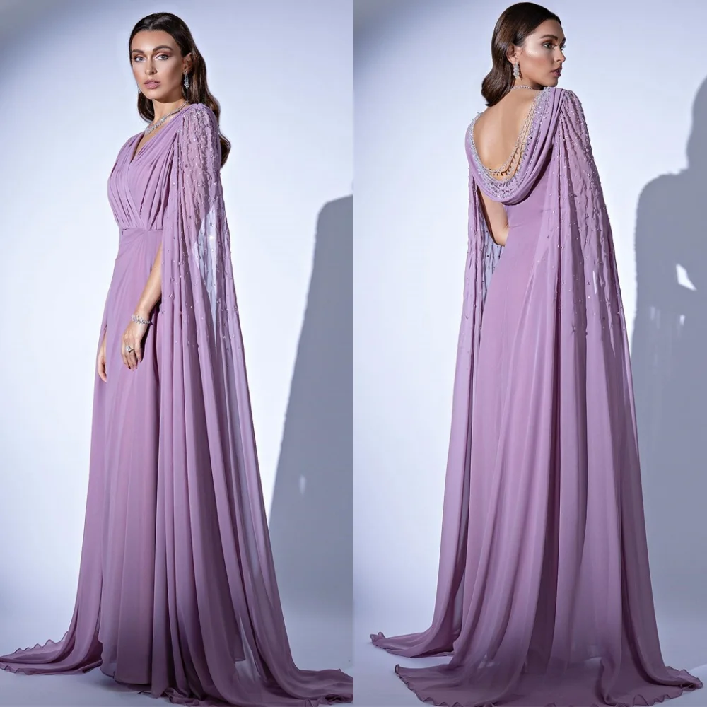 

Мягкое фиолетовое шифоновое вечернее платье по индивидуальному заказу. Изысканные платья для выпускного вечера с v-образным вырезом. Современные платья со шлейфом для особых случаев.
