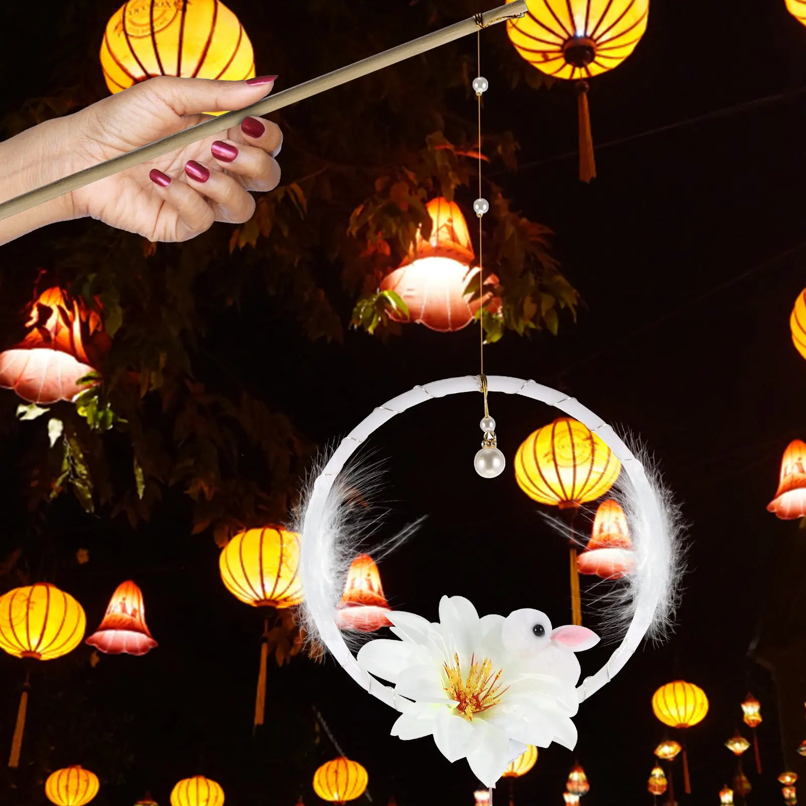 

1Set Glowing Handheld Lantern Rabbit Design with Luminous Peony Flowers Exquisite Shiny Translucent DIY Festive Light for New