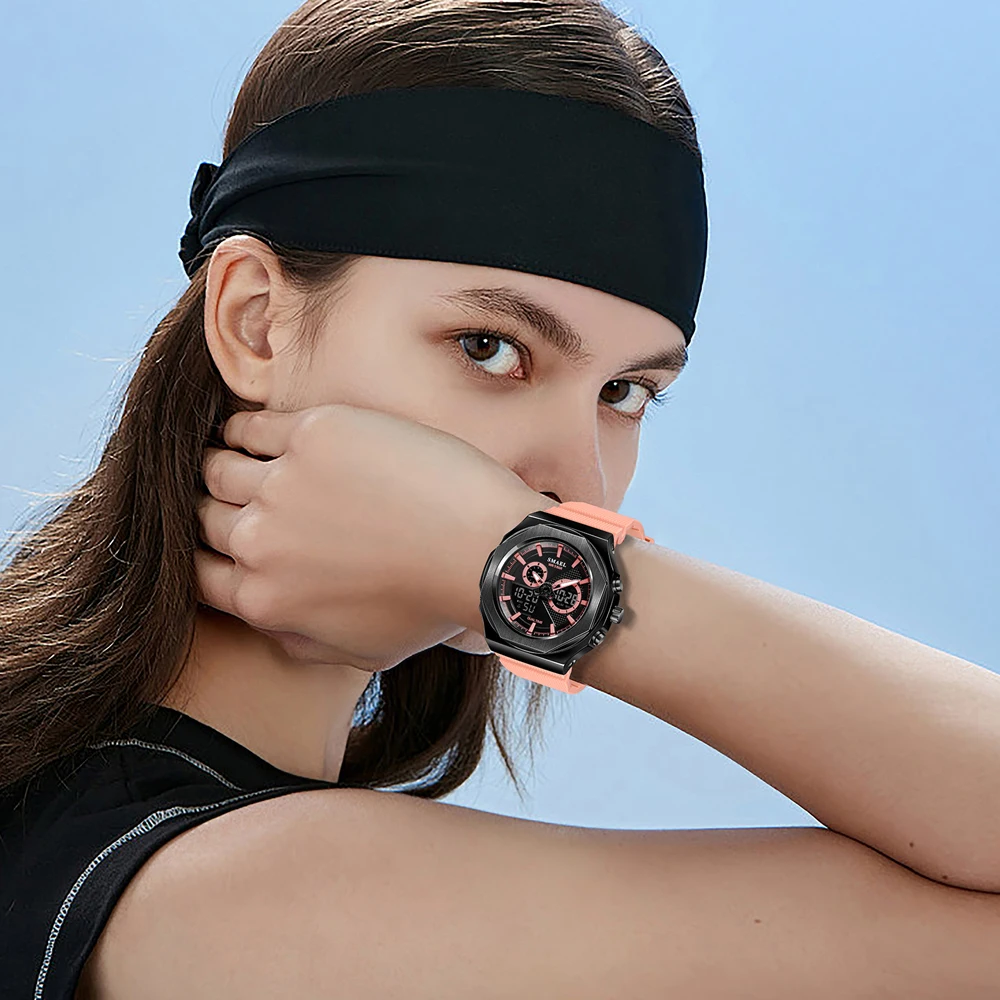 SMAEL Women's Daily Outdoor Wristwatch Dual Display LED Digital Analog Watch Waterproof Stopwatch Sport Quartz Female Clock