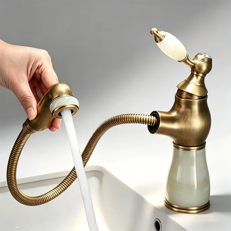 French Jade Pull-Out Faucet Copper Bathroom Basin Hot Cold Splash Proof Kitchen Sink Faucet with Cabinet Water Room Factory Bath