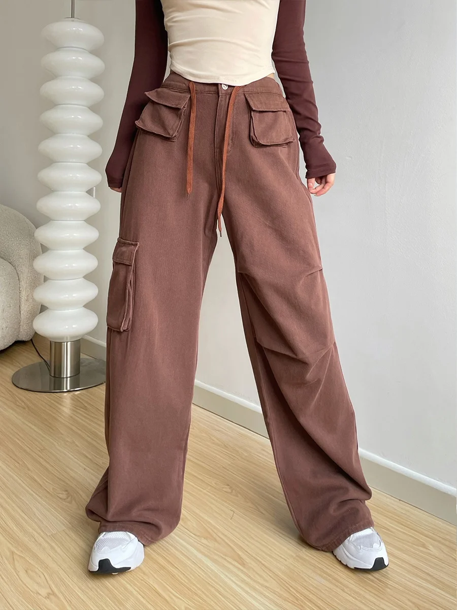 American Street Spice Girls Loose Slim High Waist Straight Cargo Pants Women Large Pocket Floor Pants Casual Long V741