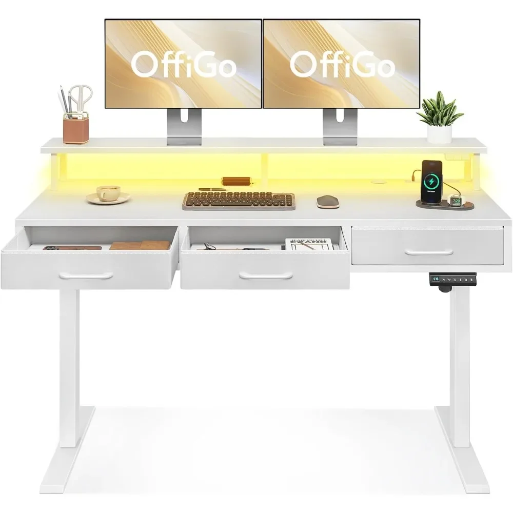 

Electric Standing Desk with Drawers, 55 Inch Height Adjustable Desk with Power Outlets & LED Lights, Sit Stand Table