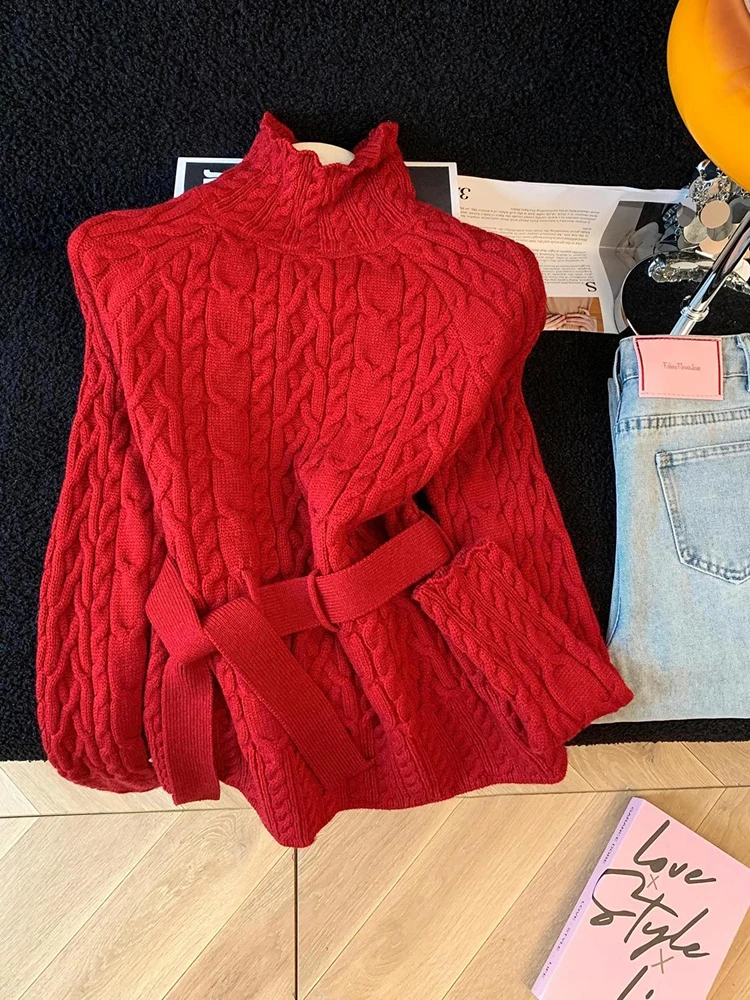 with Belt Knit Turtleneck Sweater for Women Spring Korean Solid Simple Long Sleeve Knitted Jumper Female All Match Pullover New
