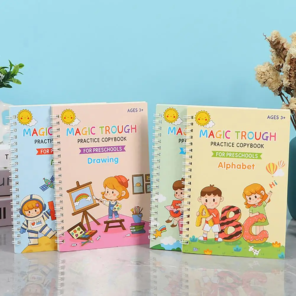 1 Set Calligraphy Practice Copybook Reusable Kids Hand Writing Practice Book Grooved Disappearing Ink Alphabet Math Preschool