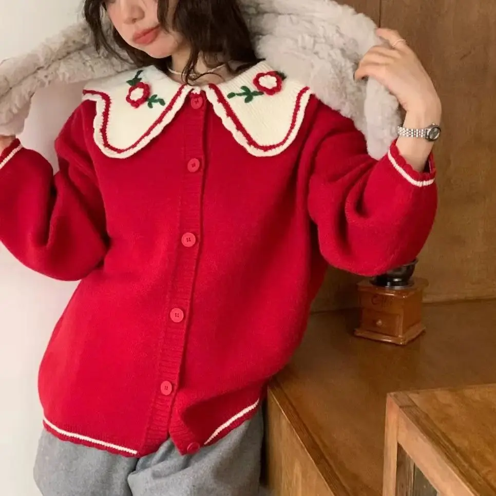 Korean style gentle doll collar three-dimensional embroidered flower color-blocked sweater jacket 2024 autumn and winter cardiga