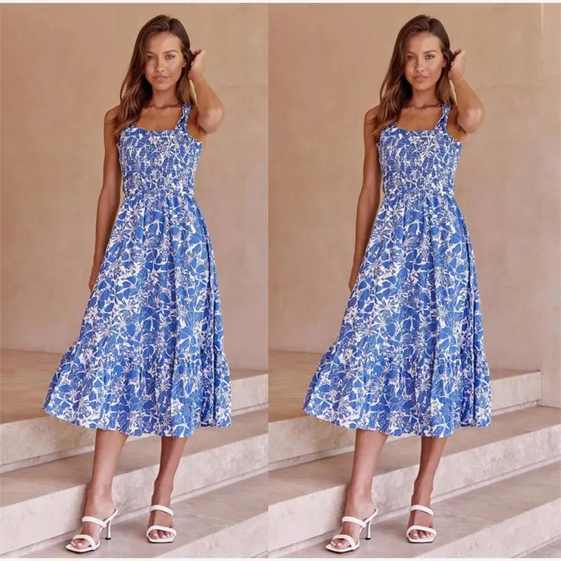فستان صيفي مثير برباط مكشكش للنساء، فستان ميدي بطبعة زهور، تصميم مناسب للتنقلات، خصر متوسط، مصنوع من مادة أخرى، تنورة على شكل...