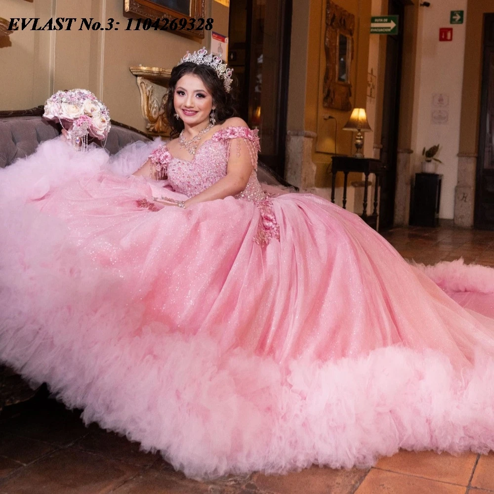 EVLAST personalizado brillante Rosa Floral vestido para quinceañeras vestido De baile apliques con cuentas escalonadas dulce 16 vestido Vestidos De 15 Anos E3Q568