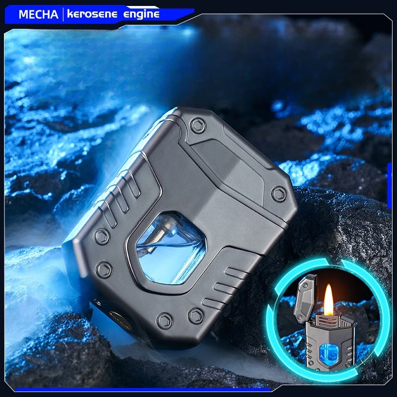 Metal Mech Voice Controlled Kerosene Lighter Four Ignition Methods Transparent LED Blue Light Oil Window Type-C Charging Lighter