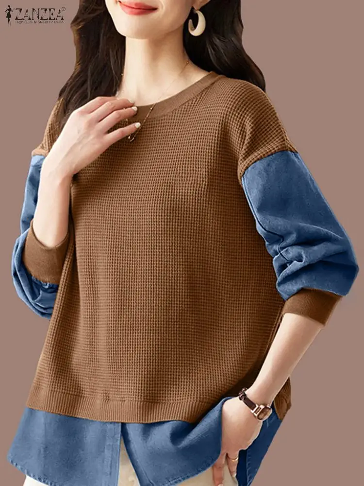 

ZANZEA, женские пуловеры, толстовки, модные цветные лоскутные повседневные джемперы с длинными рукавами, осень 2021, свободные винтажные топы большого размера