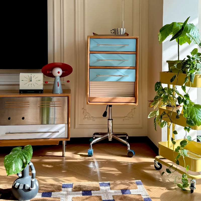 

Retro cherry wood, solid wood, chest of drawers, TV side cabinet with wheels