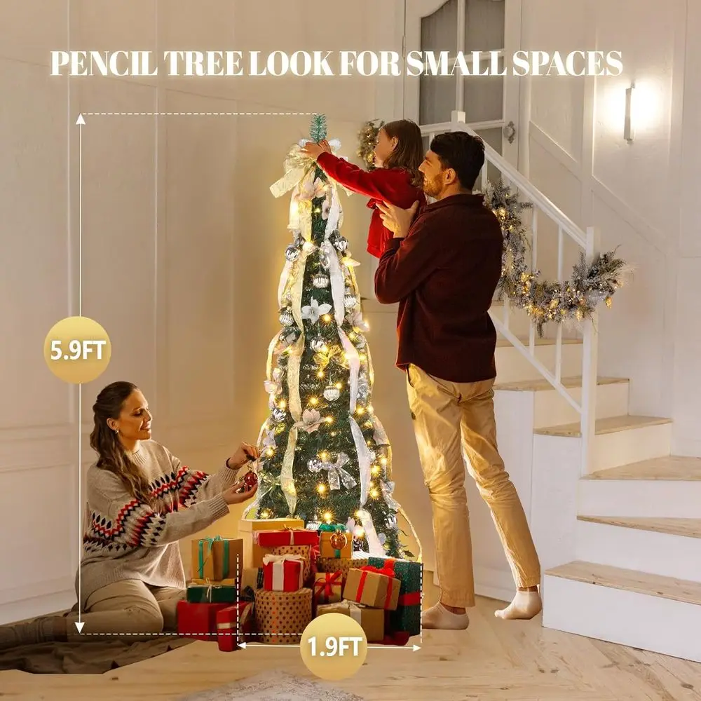 6t up Artiicial Chrisas Pine Tree with 150 Warm White Lights, Xmas Tree day Party Decorations with Sturdy Metal Stand (Gold&Silv view 6