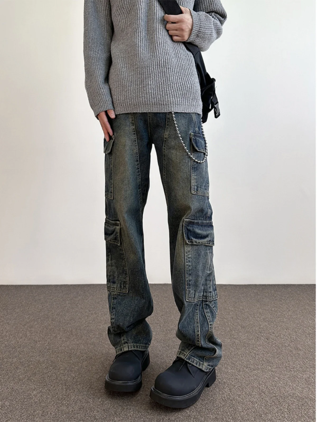 Black Workwear Style Jeans Men's High Street Washed Multi-Pocket Pants Youth Trend Straight Leg Fit All Seasons