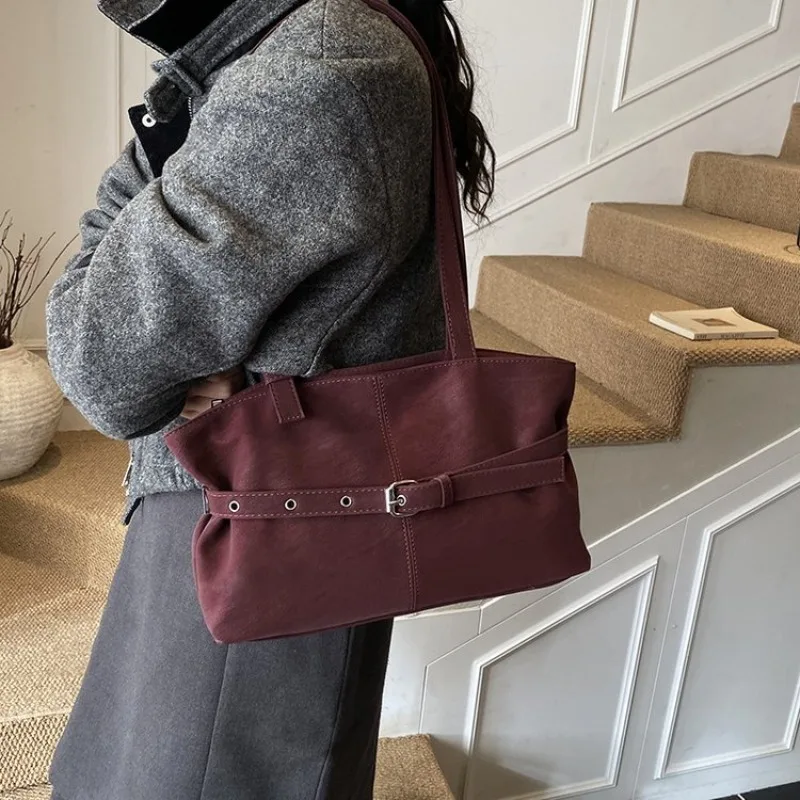 

Vintage Suede Tote Bag, Dual Carry Design, Spacious & Stylish with Belt Buckle Detail for Everyday Casual Activities Women Bag
