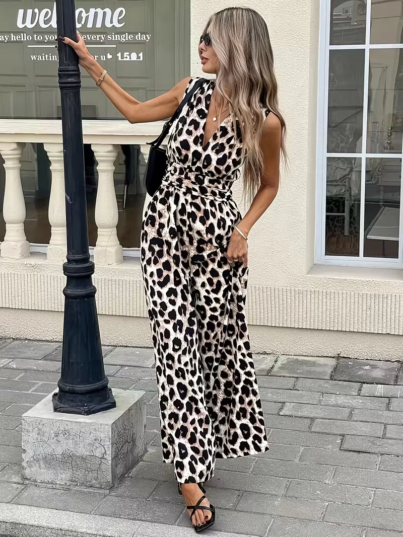 2026 Summer Elegant Commuting Women's Jumpsuit Street Fashionable Leopard Print V-neck Sleeveless High Waisted Wide Leg Jumpsuit