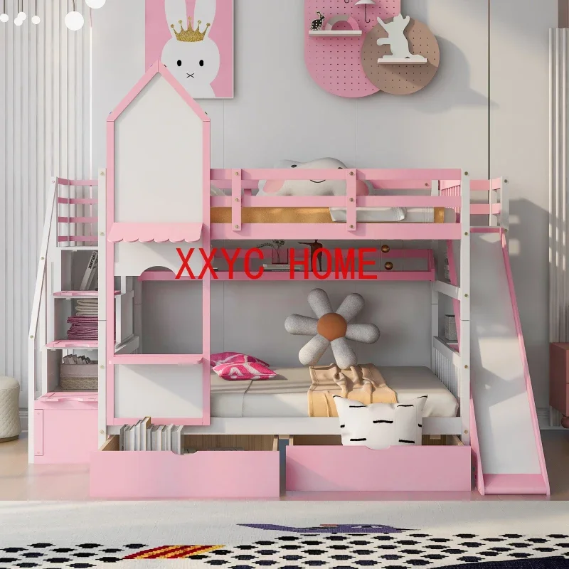 Full-Over-Full Castle Style Bunk Bed with with 2 Drawers 3 Shelves and Slide,Dream ,for Children's Room, Bedroom- Pink