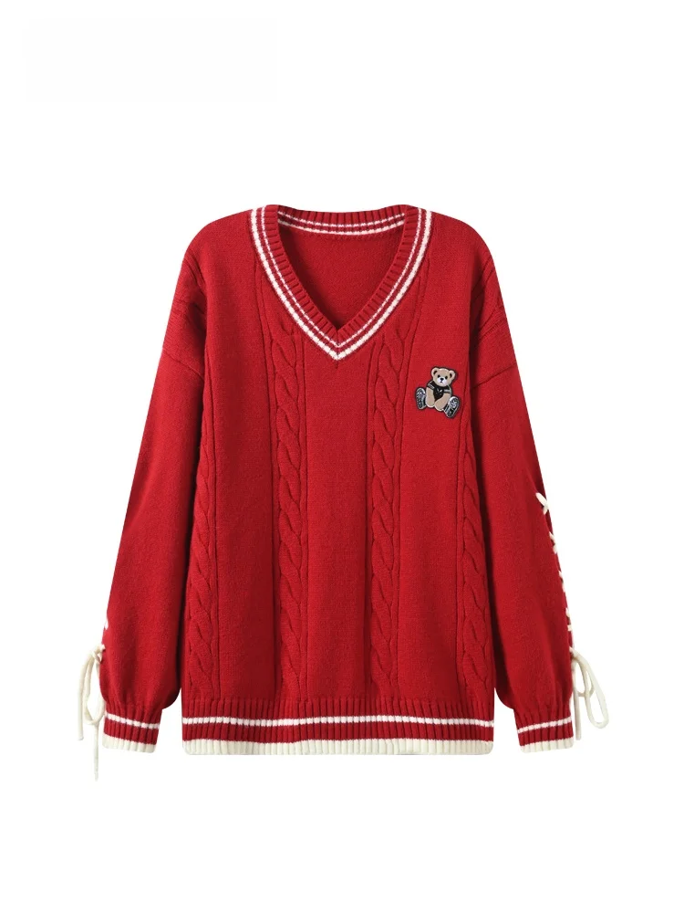 

Chic plus Size Women's Long Sve V-Ne Knitwear Casual Spring Faionable Meat Concealing Age-Defng Top College Sle