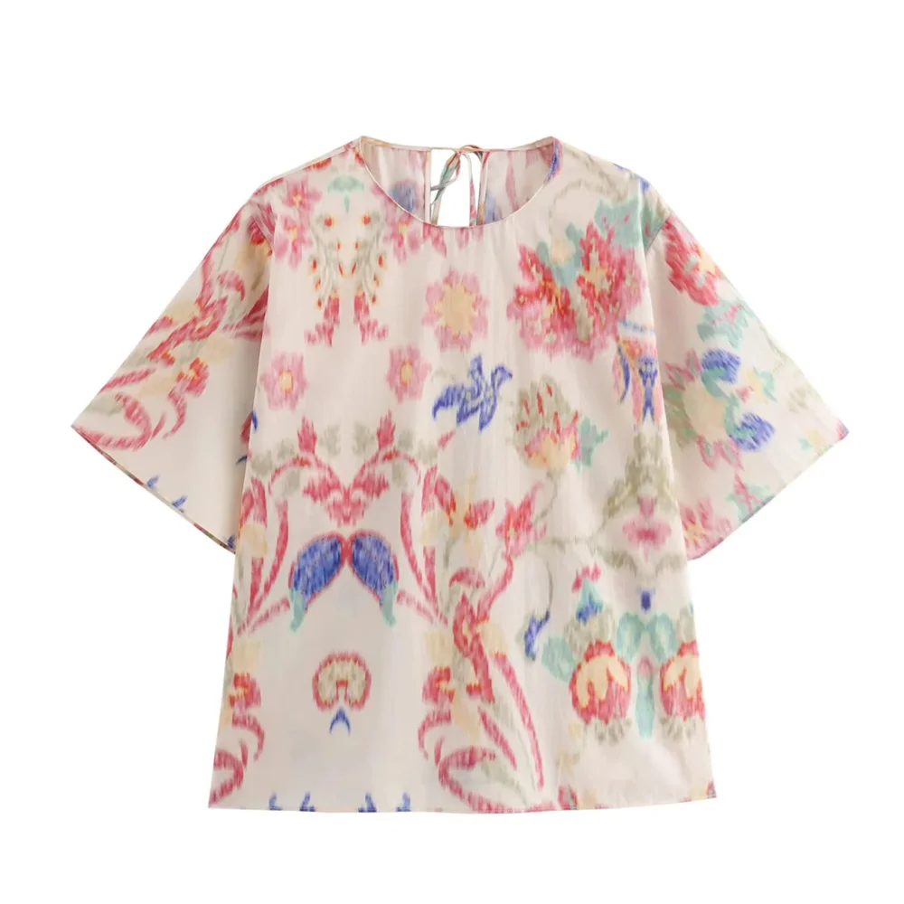 Taop&Za 2024 Autumn New Product Women\'s Fashion Casual Round Neck Short Sleeve Printed Top Flower Bud Waist Pants Set