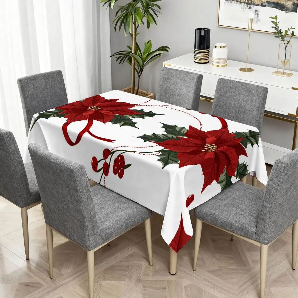 Christmas Rectangle Tablecloth Poinsettia Holly Berry Christmas Decoration Reusable Table Cloth for Indoor Banquet Table Decor