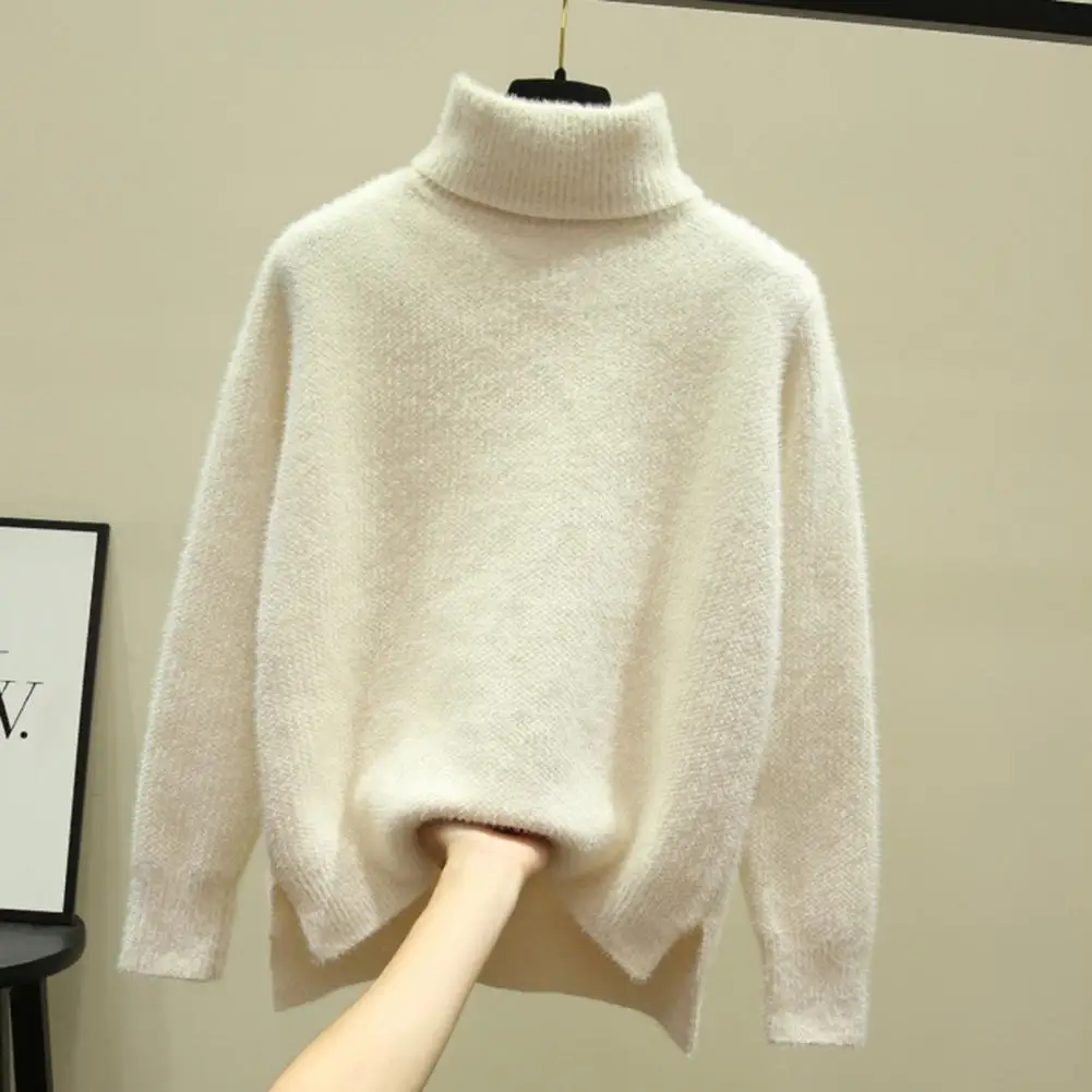 

Autumn Winter Imitation Mink Cashmere Sweater Women Knitwear Pullover Thick Warm Solid Color Base High Lapel Clothing Tops ﻿