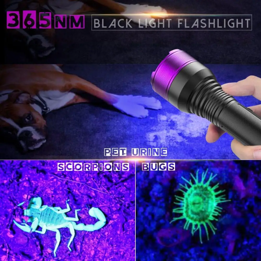 مصباح يدوي Blacklight بالأشعة فوق البنفسجية 365 نانومتر، مصباح LED مُصفى بأربعة النواة، عالي الطاقة طويل المدى لـ Yooperlite، بول الحيوانات الأليفة، كشف الراتنج