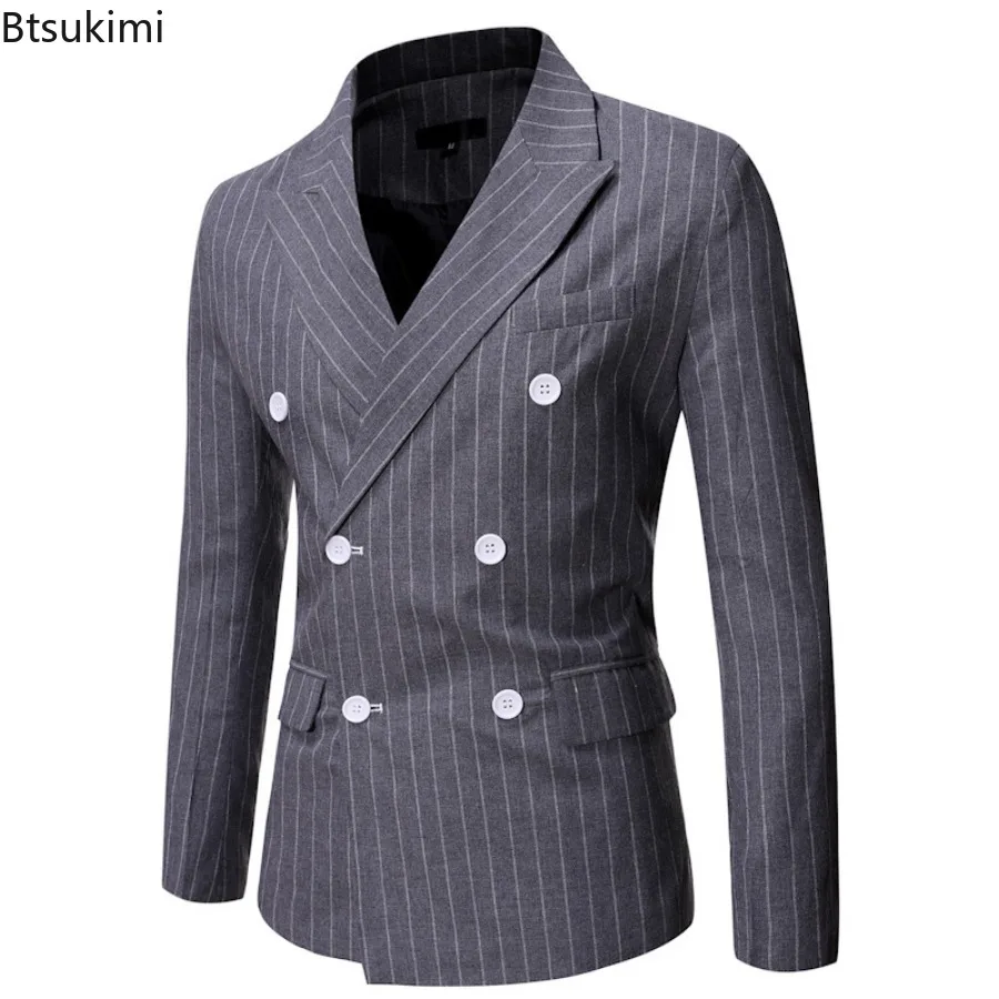 Spring Autumn Men's Striped Blazer Jacket Fashion Double Breasted Men Suit Coats Casual Business Homme Costume Gentleman Coats