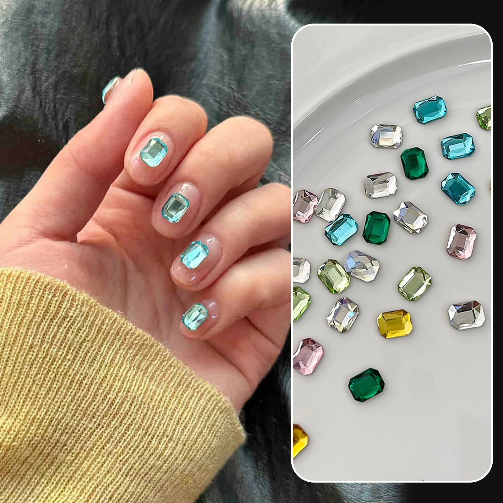 3D Moonlight Crystals Art Nail Decoration Accessories Long Octagon-Emerald Cut Moonlight-Iridescent-Glow Nail Art Rhinestones