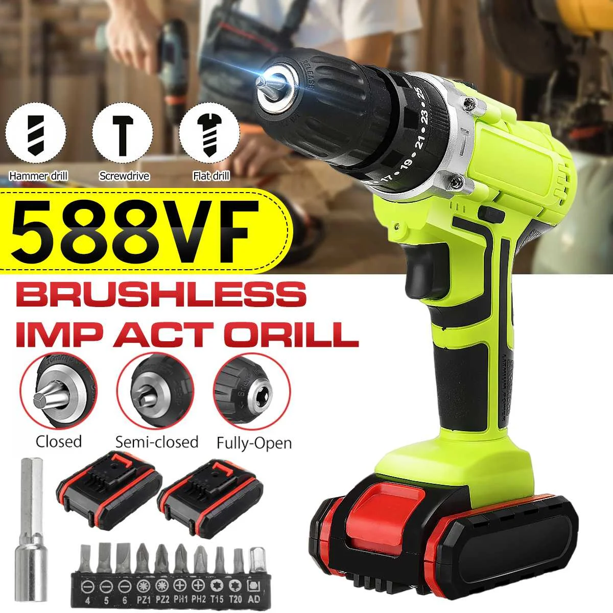 

48V Brushless Rechargeable 10mm Impact Driver Electric Drill Power Tool Impact Screwdrive With 2 Battery 1 Changer Woodworking