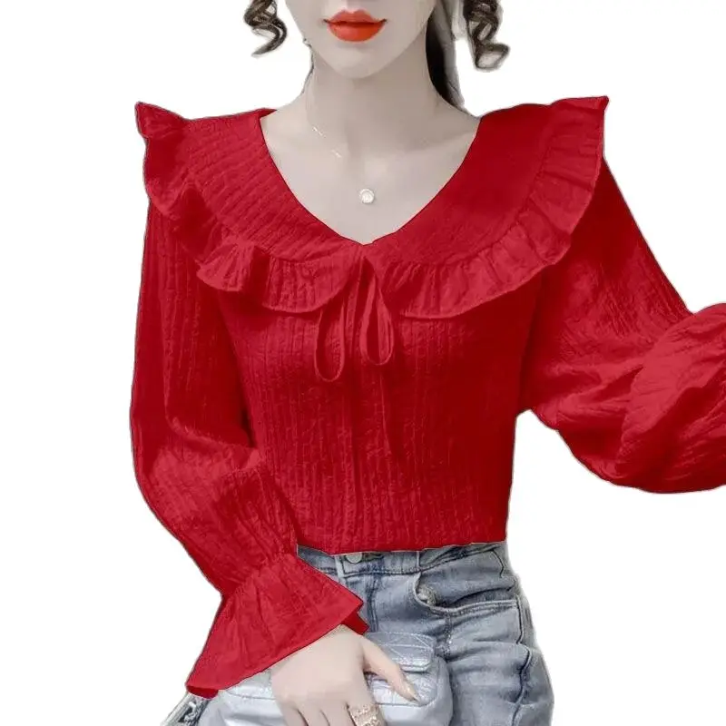 

Fashion Doll Collar Pleated Bubble Sleeve Shirt Women's Blouse Spring Autumn Korean Loose Slim Chiffon Bottoming Shirt Female