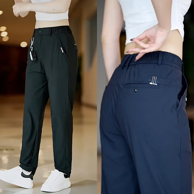 

Busin повседневные мужские летние тонкие брюки из ледяного шелка с прямыми штанинами, эластичные облегающие спортивные брюки, модные молодежные брюки