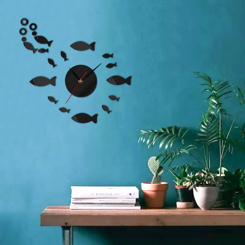 ساعة حائط فنية حديثة إبداعية تصنعها بنفسك ، شكل سمكة صغيرة ، ملصق جدارية مرآة ، زجاج شبكي من الأكريليك ، نقل المنزل ، هدية ديكور المنزل