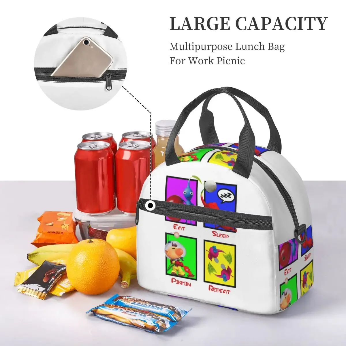 Eat Sleep Pikmin Repeat Insulated Lunch Bag for Women Children Leakproof Food Boxes Thermal Lunch Box Tote