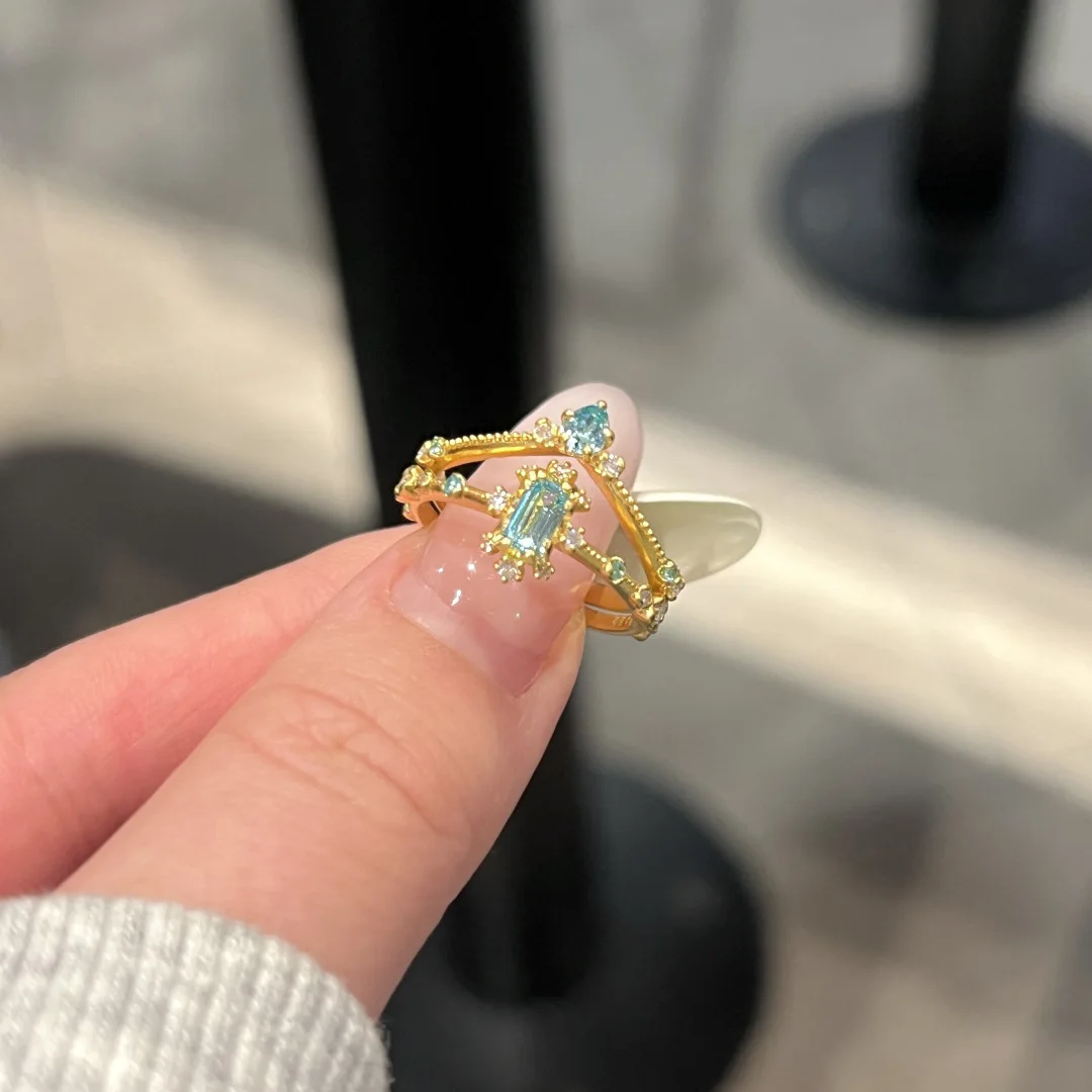 Fashion light luxury romantic inlay blue gemstone rings for women retro opening adjustable Two-piece ring party jewelry gifts