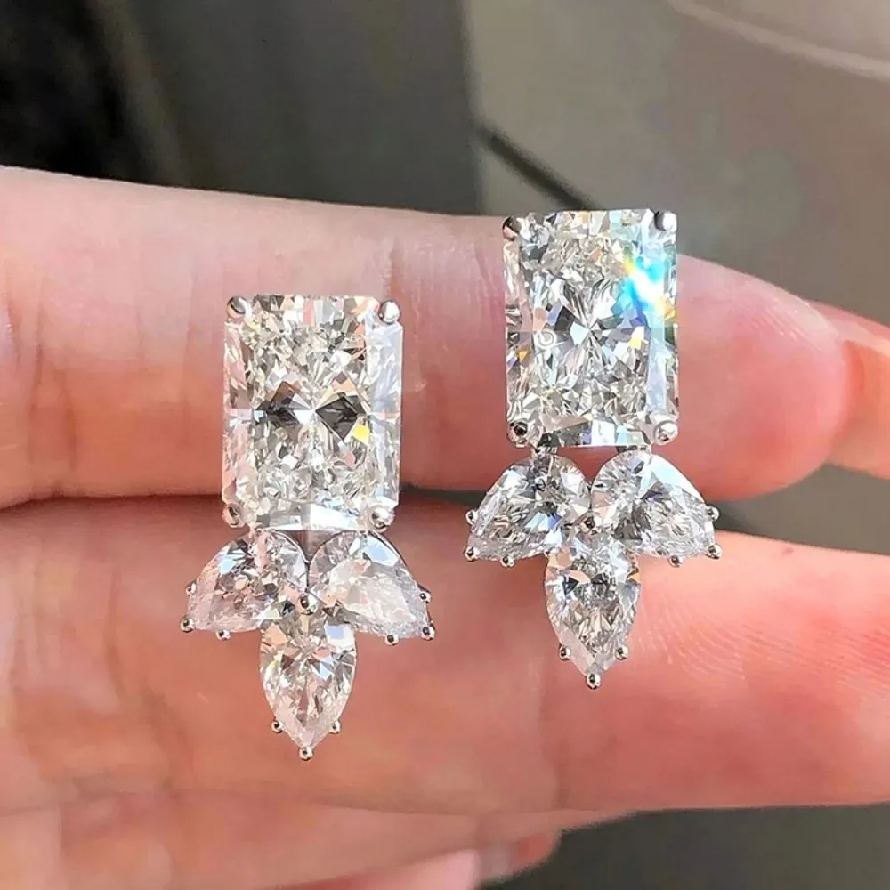 Luxury Radiant Pear CZ Cluster Drop Stud Earrings Silver Tone Multi Shape Zircon Dangle Earrings for Women Wedding Bride Jewelry
