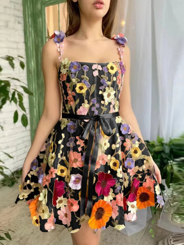 Elegant 3D Flowers Embroidery Women Strap Dresses Sweet Lace up Off Shoulder Backless Party Dress 2024 Spring Summer Lady Robe