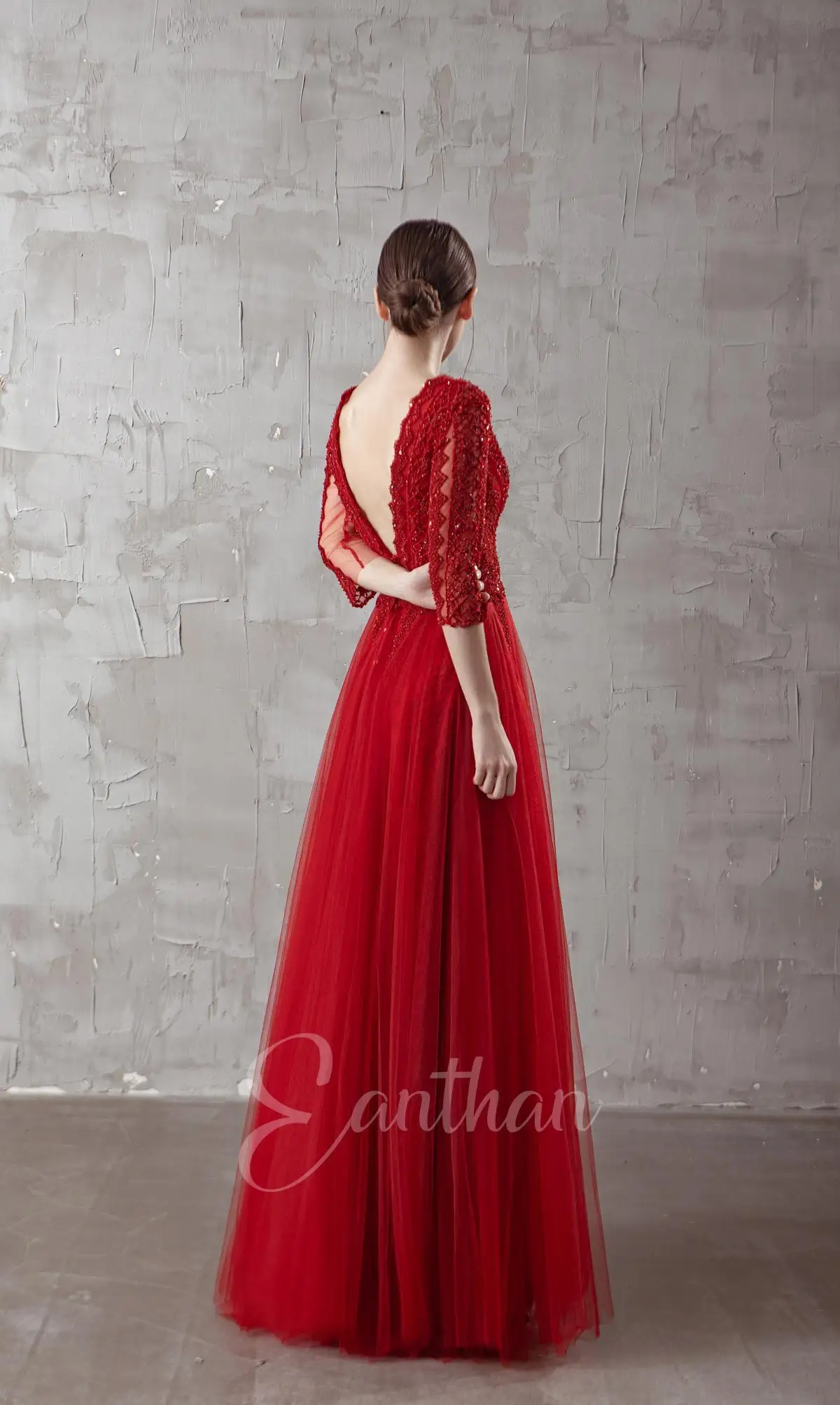 Real Pics-Robe de soirée en dentelle rouge, manches longues, col en V, dos en V, perles à la main, robe de cocktail, robe de soirée éducative, quelle que soit la longue