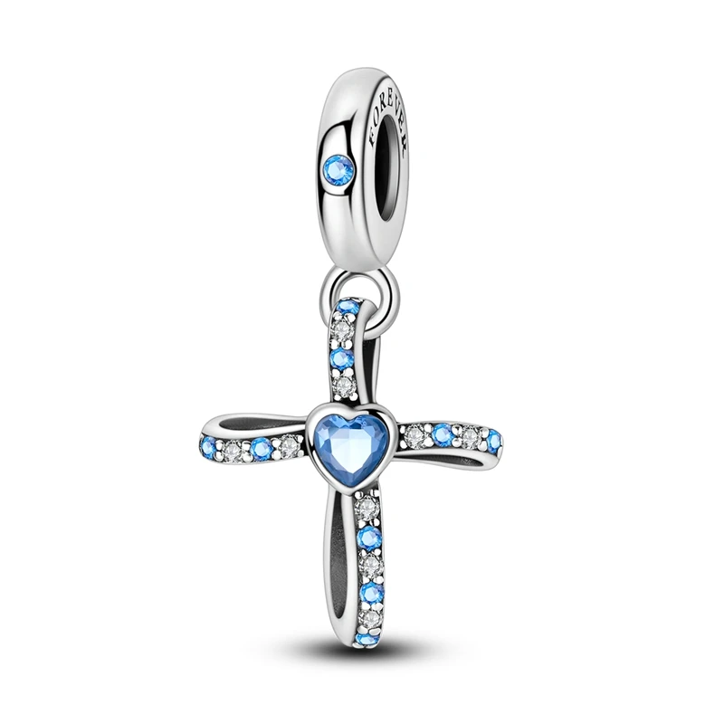 

925 Sterling Silver Sea Blue Love Cross Charms Pendant Fit 3mm Original Bracelet DIY Women Exquisite Anniversary Jewelry Gifts
