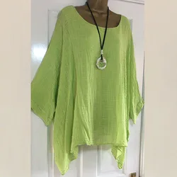 Plus Size Women Boho Linen Blouse Top Summer Solid Color Green Pink White Black Loose Woman Casual Leisure Shirts