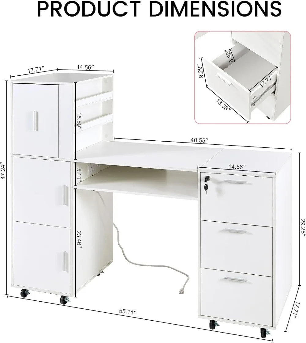 Mobile Manicure Table Nail Salon Desk with Storage, 55.1