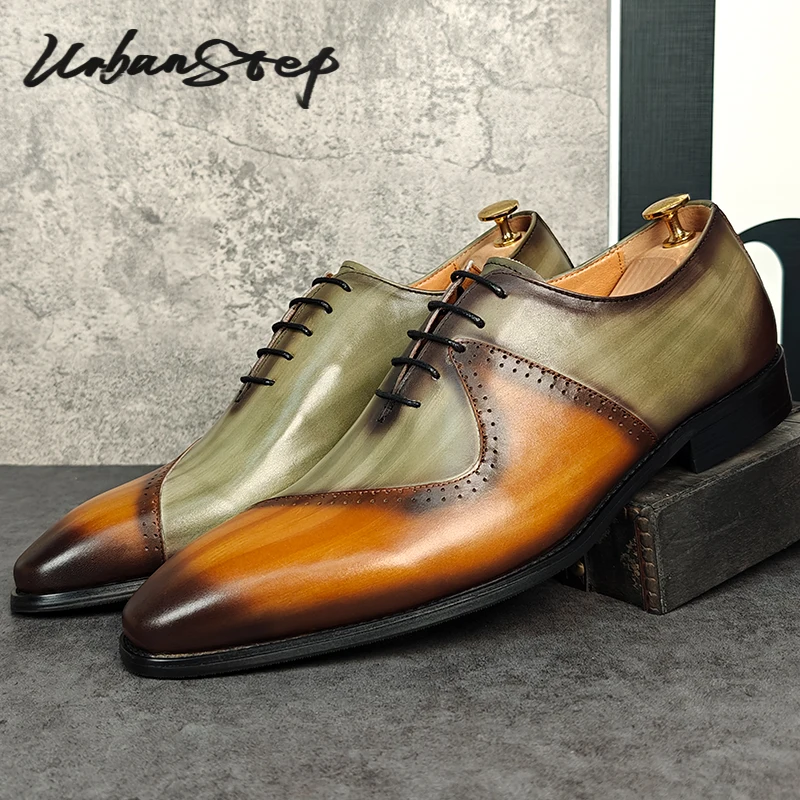 Handmade Luxury Men Dress Shoes Yellow Green Stitching Casual Party Wedding Shoes Men Social Genuine Leather Oxford Shoes