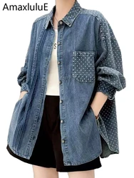 Amax luluE 2025 Korean Spring Ladies Fashion Dot Denim Shirts Womens Leisure Vintage Loose Tops Oversized Luxury Printed Blouses